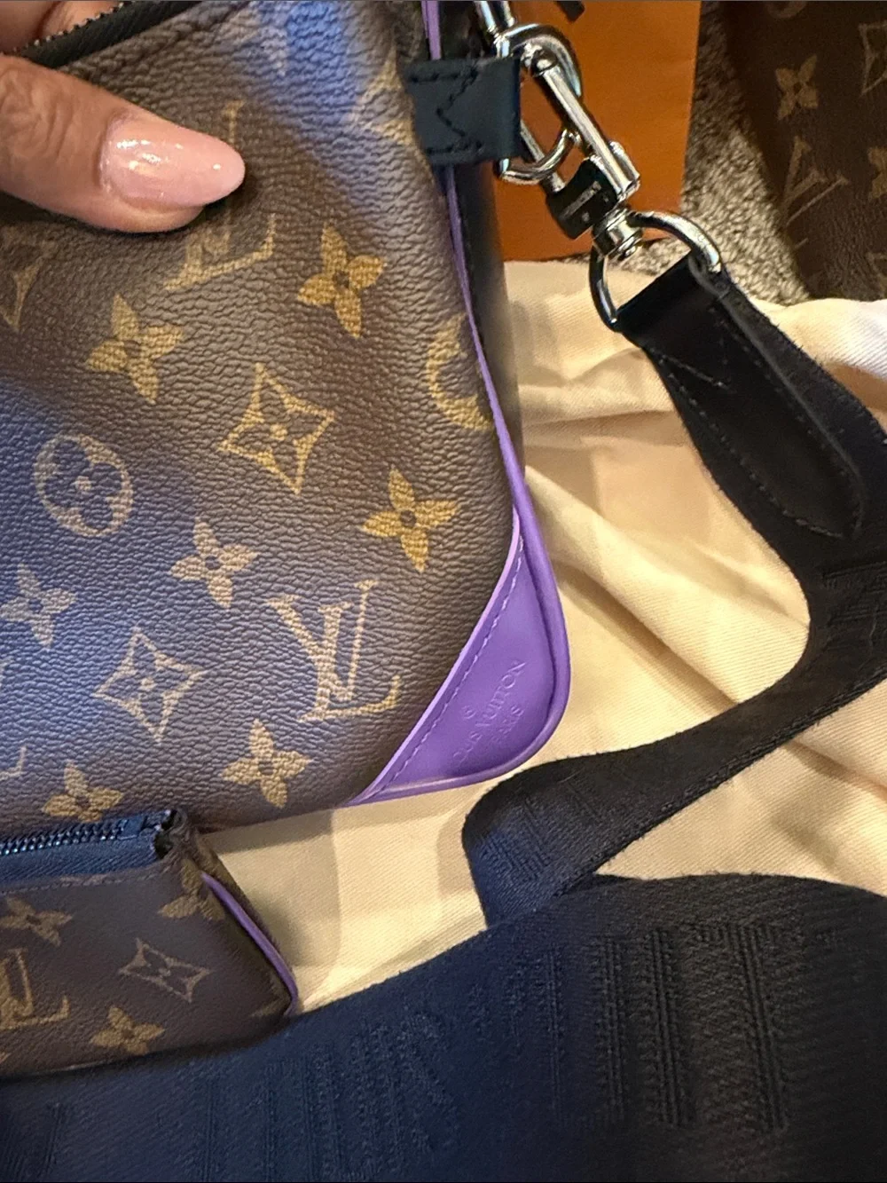 Louis Vuitton Monogram Messenger Bag with Brown Canvas and Purple Trim